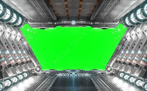 Fototapeta Naklejka Na Ścianę i Meble -  White and silver futuristic spaceship interior with green window 3d rendering