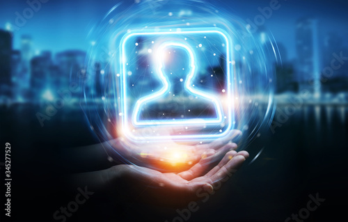 Man hand using digital blue holographic user interface 3D rendering photo