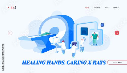 Tomography Mri Scanning Procedure Landing Page Template. Doctors Characters Looking at Results of Patient Body Scan. Man Lying in Magnetic Resonance Imaging Machine. Cartoon People Vector Illustration