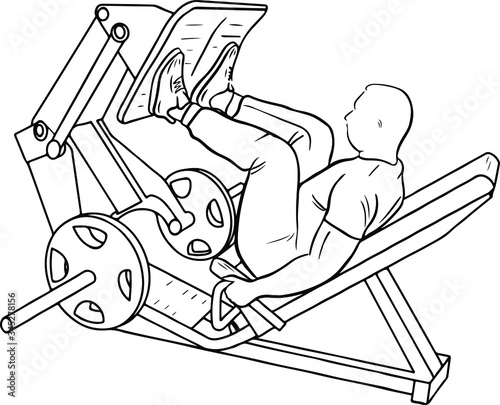a man performs a sports exercise on a simulator, leg press, in a minimalistic online style, decor, print for magazines, instructions, logos, stickers, banners, posters, illustrations in the gym