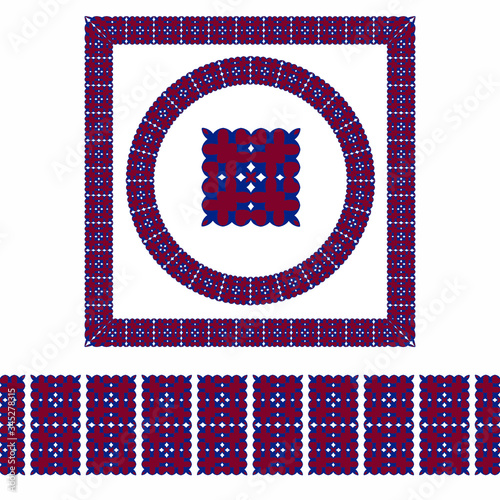  Set of 2 frame and seamless border, workpiece for your design. Ornamental elements and motifs. Decor for plate, tile, textile and print design. Circle, square design element. Vector.