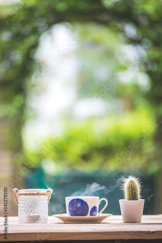 Garden enjoyment concept. Cup of tea, candle and plants on a rustic wooden table, leisure home
