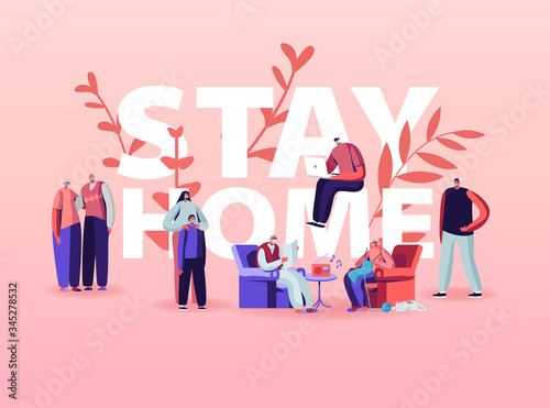 Stay Home Isolation Concept. People Characters Wearing Medical Masks Domestic Activity. Family of Parents, Grandparents and Kids on Lockdown Quarantine Poster Banner Flyer. Cartoon Vector Illustration