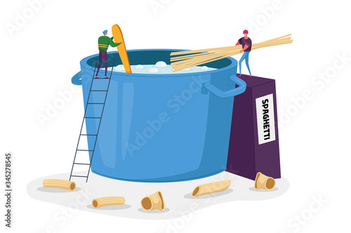 Tiny Male Characters Cooking Pasta, Put Spaghetti and Dry Macaroni in Huge Pan with Boiling Water Standing on Ladders, Tasty Food Preparing Process, Italian Cuisine. Cartoon People Vector Illustration