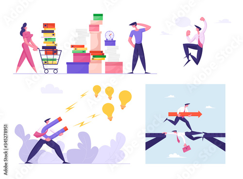 Set of Male and Female Business People Overload with Paper Work, Rejoice for Success, Attracting Ideas. Characters Achieve Goals, Careerism Isolated on White Background. Cartoon Vector Illustration photo