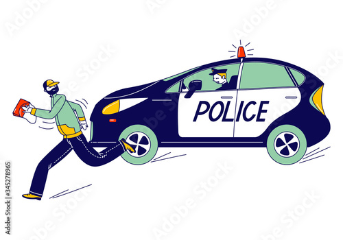 Police Man Character Pursuit Pickpocket Thief with Stolen Bag by Car. Gangster Steal Money. Officer at Work Catching Robber during Duty Patrol in City, Law and Order. Linear People Vector Illustration