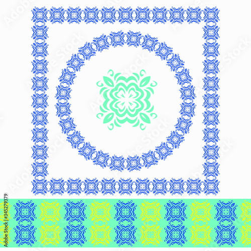 Set of 2 frame and seamless border, workpiece for your design. Ornamental elements and motifs. Decor for plate, tile, textile and print design. Circle, square desinge element. Vector.