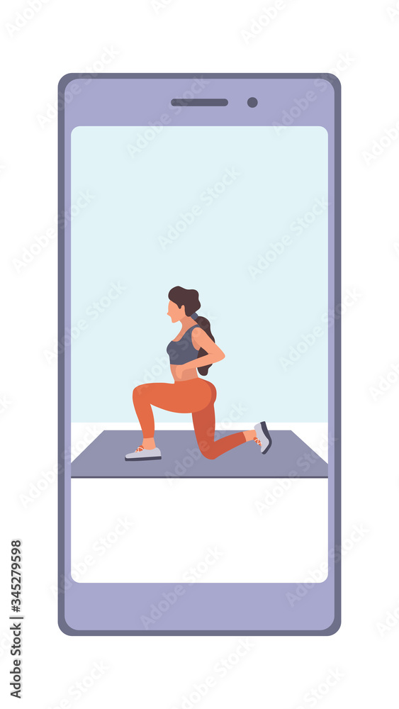 A girl trainer is doing sport in a mobile phone application. Vector flat illustration of fitness workout, training, sports activity, the gym at home by the application or online platform, program A girl trainer is doing sport in a mobile phone application. Vector flat illustration of fitness workout, training, sports activity, the gym at home by the application or online platform, program