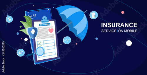 People stand near health insurance contract.Health care concept. Health insurance contract is under the umbrella. vector illustration about health