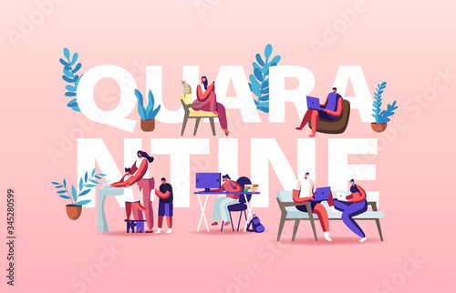 Quarantine Concept. Characters Compelled Isolation due to Covid19 Pandemic. Pupils Remote School Education, Freelancer Distant Work. People Wash Hands Poster Banner Flyer. Cartoon Vector Illustration