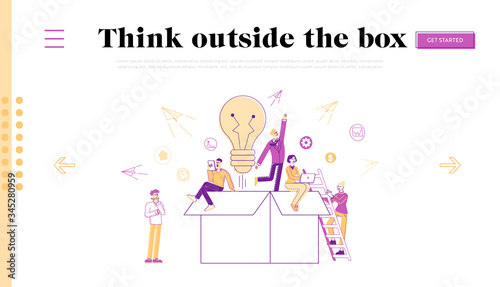 Think Outside Landing Page Template. Tiny Characters around of Huge Carton Box with Light Bulb, Paper Airplanes Flying Out and Businesspeople Work om Laptops. Linear People Vector Illustration