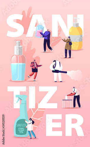 Sanitizer Concept. Tiny People Characters Wash Hands with Antibacterial Soap, Wear Masks. Worker with Fogger Spraying Disinfectant. Prevention Measures Poster Banner Flyer. Cartoon Vector Illustration