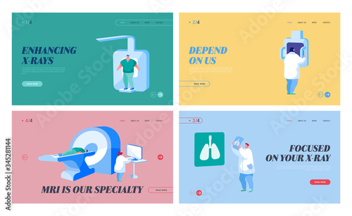 Lungs Tomography, Fluorographic Landing Page Template Set. Doctor Characters Research Pulmonology Pathology on Patient Scan. X-ray Medical Diagnostics Checkup. Cartoon People Vector Illustration