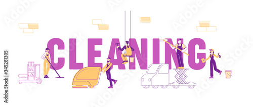 Service of Professional Cleaners Work Concept. People Characters in Uniform with Cleaning Equipment, Mopping, Vacuuming, Rub Window, Sweeping and Wiping Poster Banner Flyer. Linear Vector Illustration