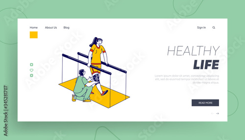 Woman with Disabilities Physiotherapy Landing Page Template. Physical Development for Handicapped People. Rehabilitation Staff Character Help Girl with Bandages Leg Adapt. Linear Vector Illustration