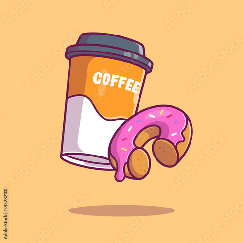 Hot Coffee with Donut Vector Icon Illustration. Cafe and Restaurant Menu. Cafe Logo. Coffee Shop. Flat Cartoon Style Suitable for Web Landing Page,  Banner, Flyer, Sticker, Card, Background