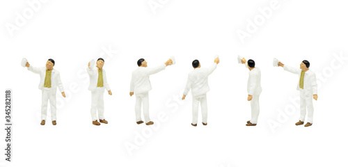 Miniature people character as painter standing and working in posture isolated on white background.