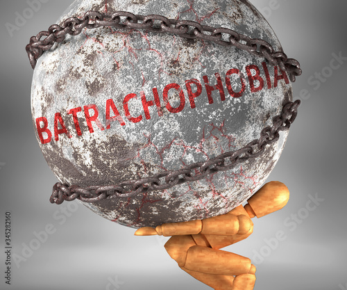 Batrachophobia and hardship in life - pictured by word Batrachophobia as a heavy weight on shoulders to symbolize Batrachophobia as a burden, 3d illustration photo