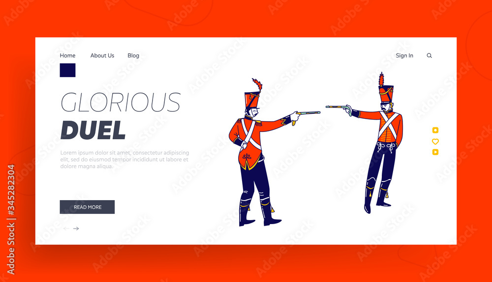 Hussar Characters Dueling with Guns Landing Page Template. Russian Ancient Solders, Cavalrymen Aiming Pistols on Each Other during Duel, Russian Aristocrat Tradition. Linear People Vector Illustration