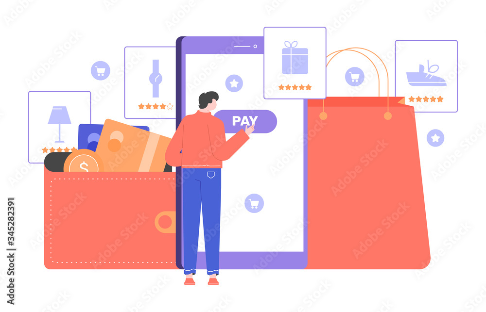 Online payment from a smartphone. A male character next to the phone and the Pay button, a wallet with bank cards and a shopping bag. Vector flat illustration. Online payment from a smartphone. A male character next to the phone and the Pay button, a wallet with bank cards and a shopping bag. Vector flat illustration.