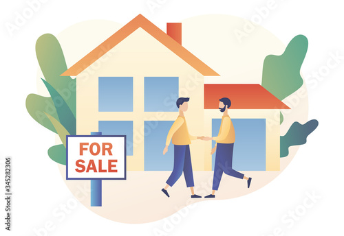 Real estate business concept with houses. House for sale. Tiny real estate agent or broker shaking hands with people buying house. Modern flat cartoon style. Vector illustration on white background
