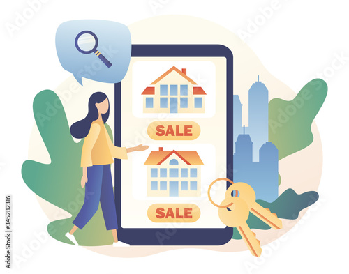 House for sale. Real estate business concept with houses. Tiny girl real estate agent or broker looking for house in mobile app. Modern flat cartoon style. Vector illustration on white background