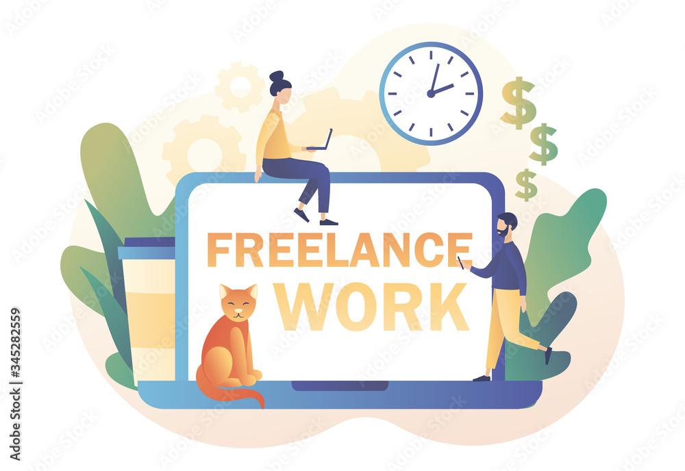 Freelance work concept. Working space. Home office. Tiny people work in comfortable conditions. Modern flat cartoon style. Vector illustration on white background