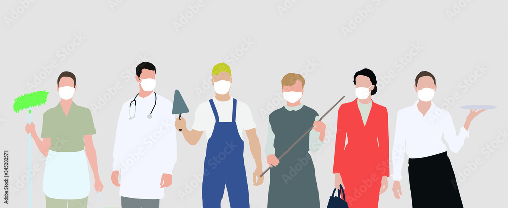 People of different professions in protective medical face masks. Men and women wear virus protection to protect themselves and others during the covid-19 pandemic. Vector illustration. People of different professions in protective medical face masks. Men and women wear virus protection to protect themselves and others during the covid-19 pandemic. Vector illustration.