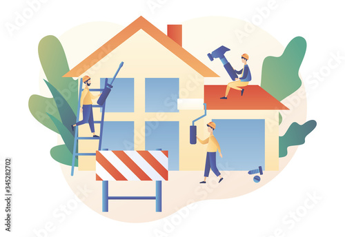 Build and Home Repair concept. Tiny men builders and repairers working with professional tools. Modern building process. Modern flat cartoon style. Vector illustration on white background