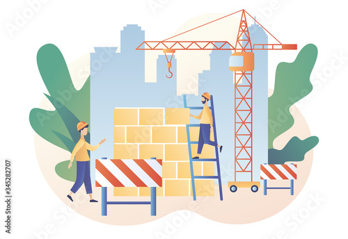 Build and Home Repair concept. Tiny men builders and repairers working with professional tools. Modern building process. Modern flat cartoon style. Vector illustration on white background