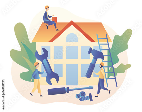 Tiny men builders and repairers working with professional tools. Build and Home Repair concept. Modern building process. Modern flat cartoon style. Vector illustration on white background