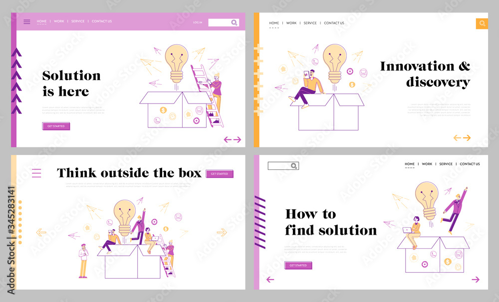 Thinking Outside, Innovations Landing Page Template Set. Characters Stand front of Huge Open Carton Box Watching on Paper Airplanes Flying Outside. Woman Climbing by Ladder. Linear Vector Illustration