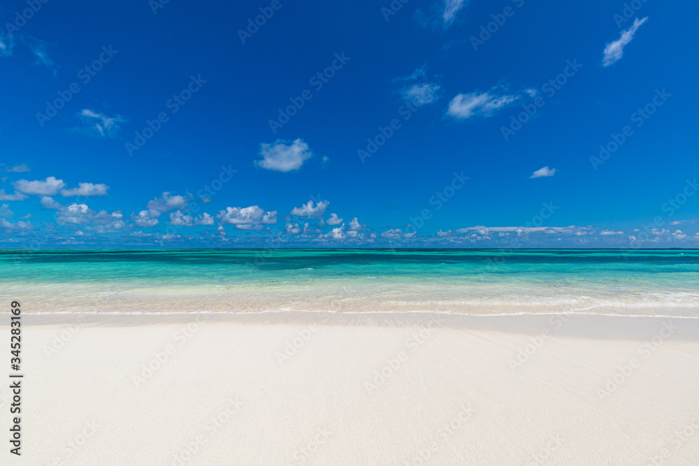 Empty tropical beach landscape. Paradise island concept, beach minimal, blue sky over white sand at exotic coastline or shoreline. Summer scenery, vacation landscape. Nature sea ocean view