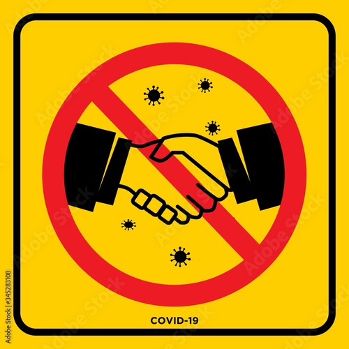 NO Hand Shake Social Distancing Yellow Warning Sign Sticker in Public Area to Stop COVID 19 Corona Virus