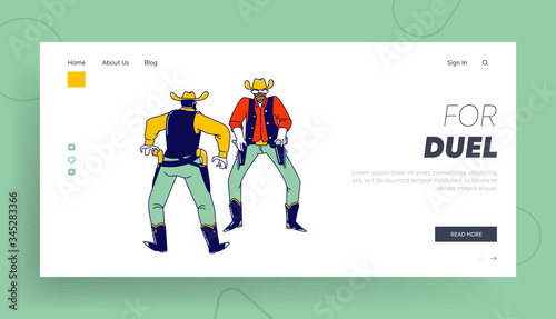 Wild West Lifestyle Landing Page Template. Men Cowboys with Gun Stand Face to Face Prepare to Fight on Duel. Male Characters Actors Playing Role in Western Movie. Linear People Vector Illustration