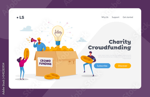 Crowdfunding Landing Page Template. Tiny Characters Bring Golden Coins to Huge Box with Man Yelling to Megaphone. People Collect Money Support Startup Project with Finance. Cartoon Vector Illustration