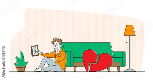 Divorce or Separation Concept. Depressed Heartbroken Man Character Sitting on Floor with Pieces of Red Broken Heart and Crying. End of Love and Loving Relations, Loneliness. Linear Vector Illustration