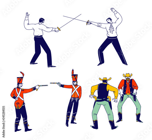 Set Male Characters Fighting on Duel. Wild West Cowboys in United States Armed With Revolver Ready to Open Fire. Hussars Aiming to Each Other with Gun, Men Fencing. Linear People Vector Illustration