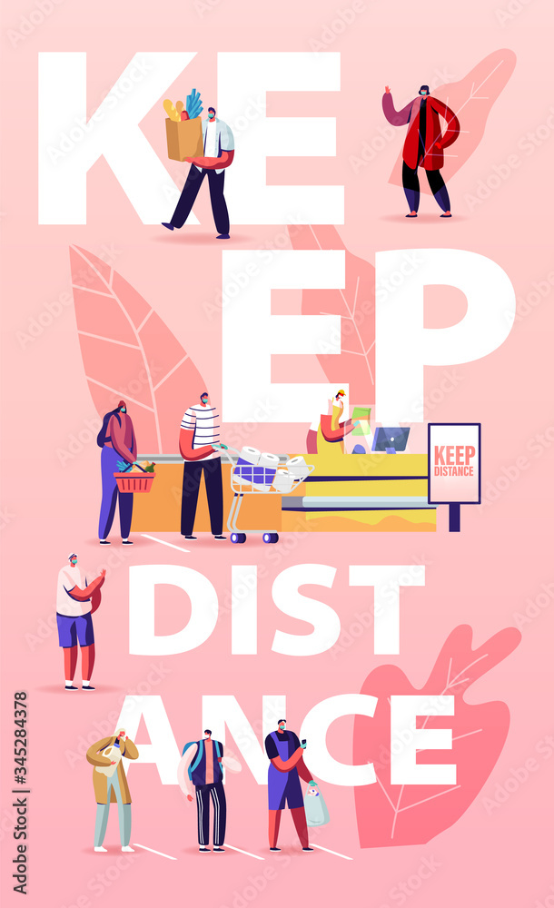 Keep Distance Concept. Customers Characters in Medical Masks Stand in Line at Grocery with Goods in Shopping Trolley during Covid19 Pandemic Poster Banner Flyer. Cartoon People Vector Illustration