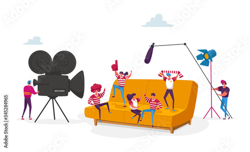 Tiny Characters Make Movie. Operator Using Camera, Staff with Professional Equipment Recording Film about Sports Team or Fans Playing Role in Costumes on Huge Sofa. Cartoon People Vector Illustration