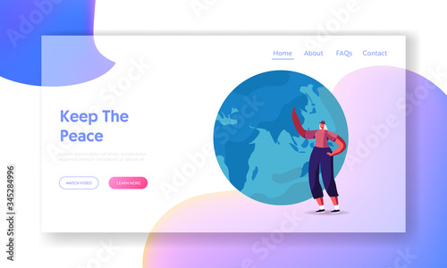 Peace and Ecology Protection Landing Page Template. Female Character Pointing on Earth Globe. Woman Pacifist Volunteer Planet Save Propaganda, Positive Thinking, Humanity. Cartoon Vector Illustration