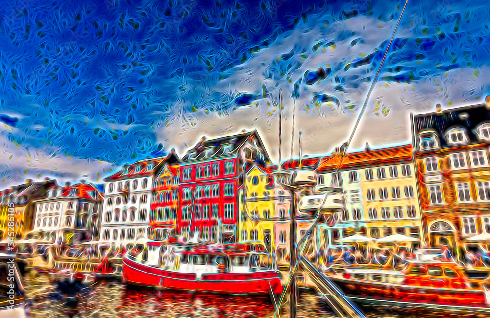 Colorful Houses along a boat dock or harbor. Nyhavn waterfront district in Copenhagen Denmark illustration. Editable Clip Art