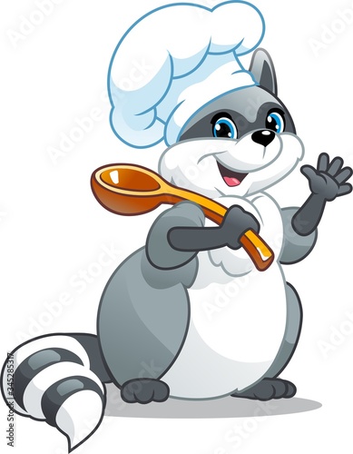 Raccoon cook. Character with a spoon. Cute image of the animal.