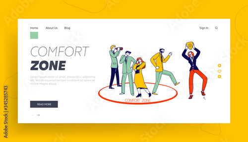 Characters Leaving Comfort Zone Landing Page Template. People Stand Inside and Outside of Circle. Success, Career and Business Self Improvement, Education and Growth. Linear Vector Illustration