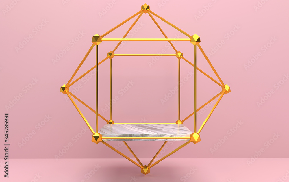 abstract geometric shape group set, pink studio background, golden cage, 3d rendering, scene with geometrical forms, square pedestal inside the gold frame, fashion minimalistic scene, simple clean