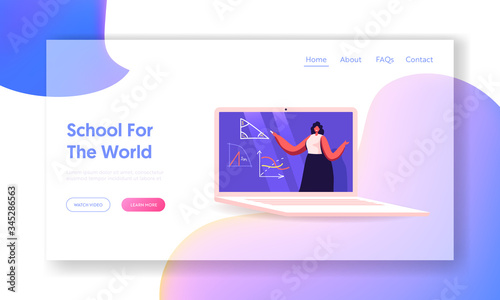 Distant Education on Covid19 Quarantine Landing Page Template. Teacher Female Character Conduct Lesson on Laptop Screen. Online School, Knowledge, Science Concept. Cartoon People Vector Illustration