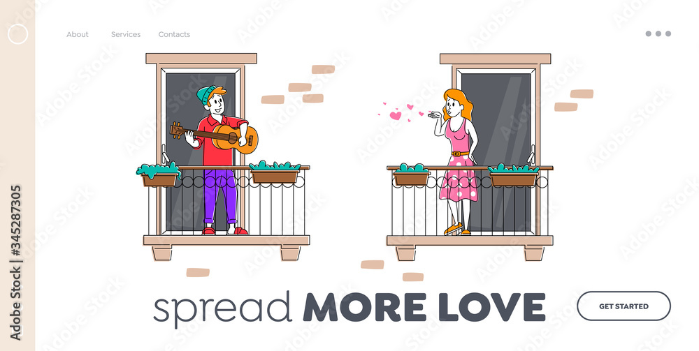 People Stay Home Global Lockdown Landing Page Template. Male Character Stand on Balcony Playing Guitar to Girl Sending Air Kiss during Covid19 Quarantine Self Isolation. Linear Vector Illustration