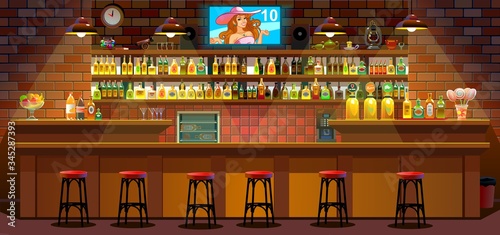 The cozy interior of the night bar. Shelves with drinks, TV and chairs for visitors. Vector illustration.