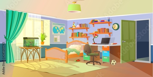 Interior. Boys room with table, computer, bookshelf. Flat cartoon vector illustration.Cozy interior of children's room, furniture, window, aquarium. Teenager room with workplace.