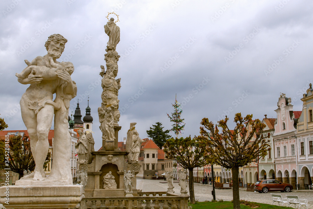 TELC, CZECH REPUBLIC  On 4  May 2019. View on the  Telc town square with renaissance and baroque colorful houses. Zakhariash Square. In the center of the square stands the Marian column. Plague pillar